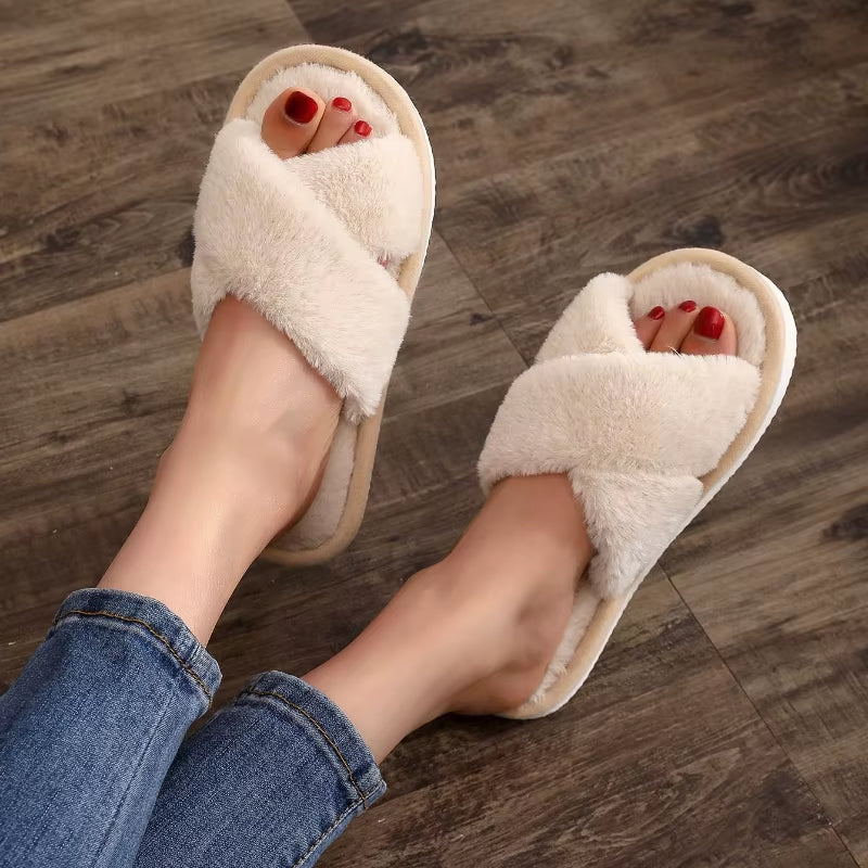 Autumn New Fashion Cross Strap Fur Slippers Women Indoor Light Warm Plush Home Slippers Woman Faux Fur Flat Heel Couple Slides