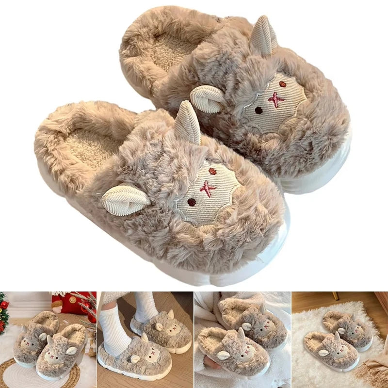 Women Lovely Sheep Fluffy Slippers Men Fashion Animals Non-Slip Plush Slides Lovers Soft Warm Cartoon House Shoes for Winter