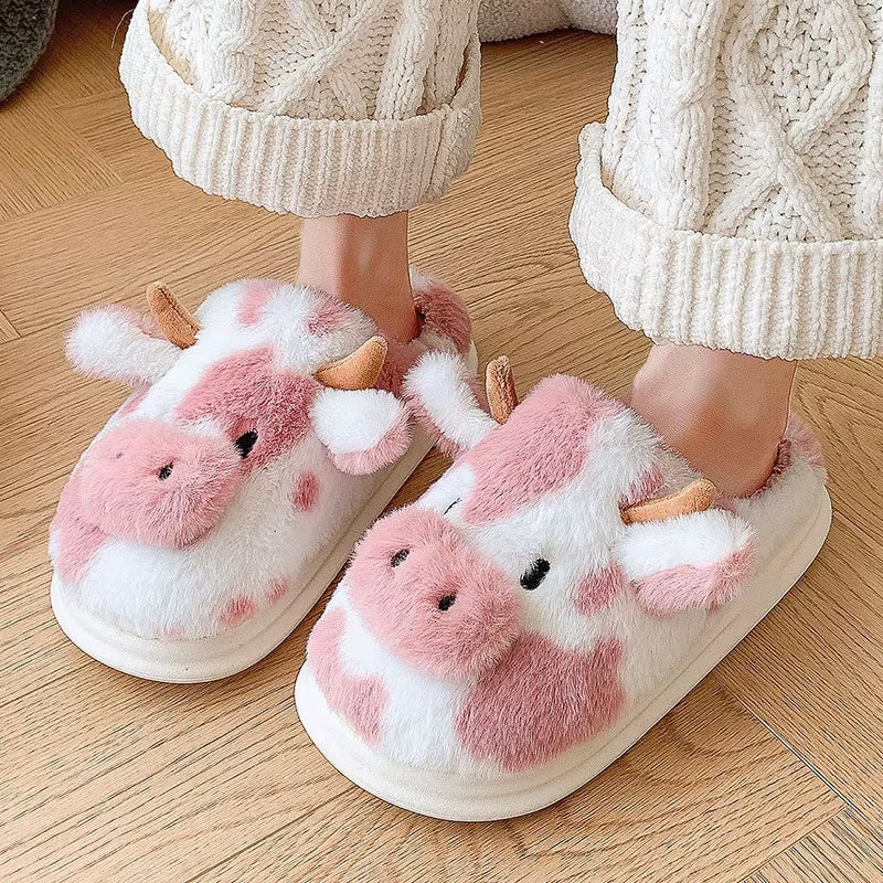 Women'S Winter Warm Cartoon Cow Slippers Closed Toe Non Slip Furry House Shoes Women Indoor Bedroom Thick Sole Plush Slippers