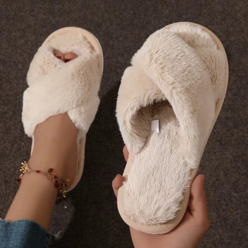 Autumn New Fashion Cross Strap Fur Slippers Women Indoor Light Warm Plush Home Slippers Woman Faux Fur Flat Heel Couple Slides