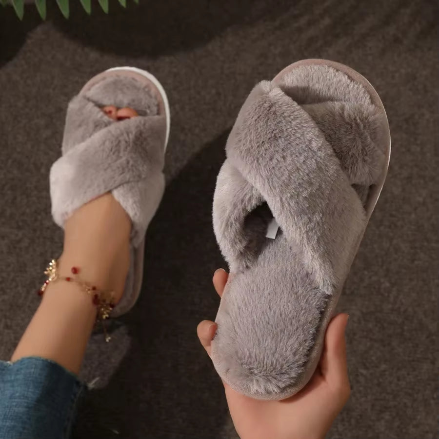 Autumn New Fashion Cross Strap Fur Slippers Women Indoor Light Warm Plush Home Slippers Woman Faux Fur Flat Heel Couple Slides