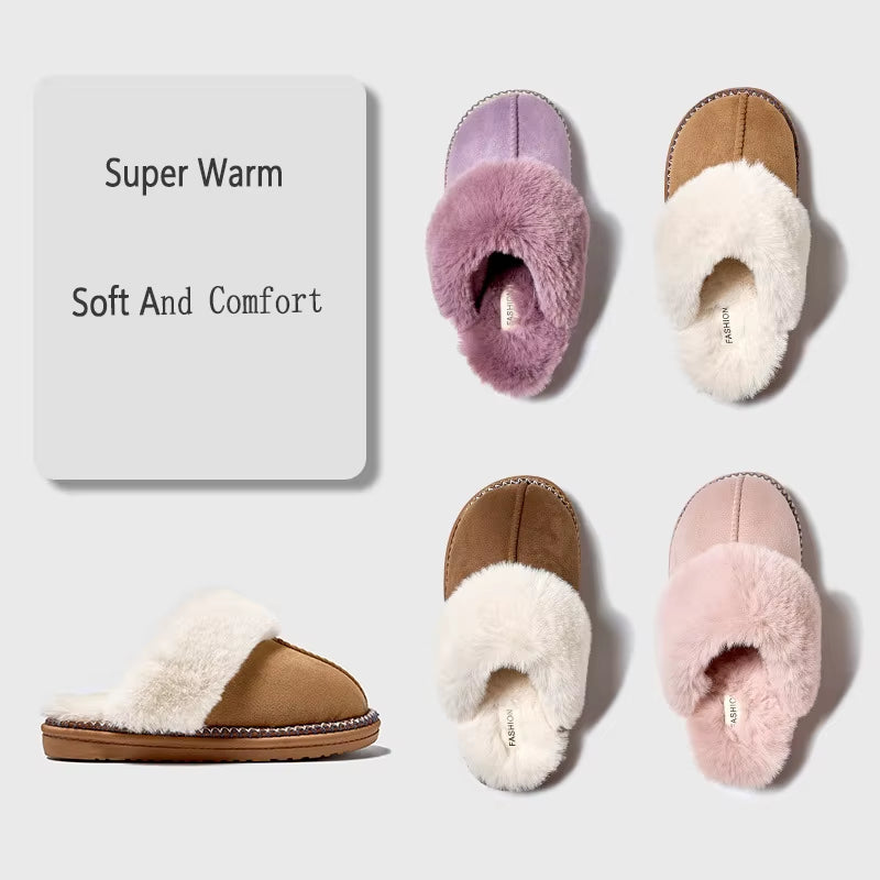 Smile Pop Winter Fur Cotton Slippers for Women Soft Comfort Fuzzy Bedroom Slides Faux Fur Warm Plush Shoes Fluffy House Slippers