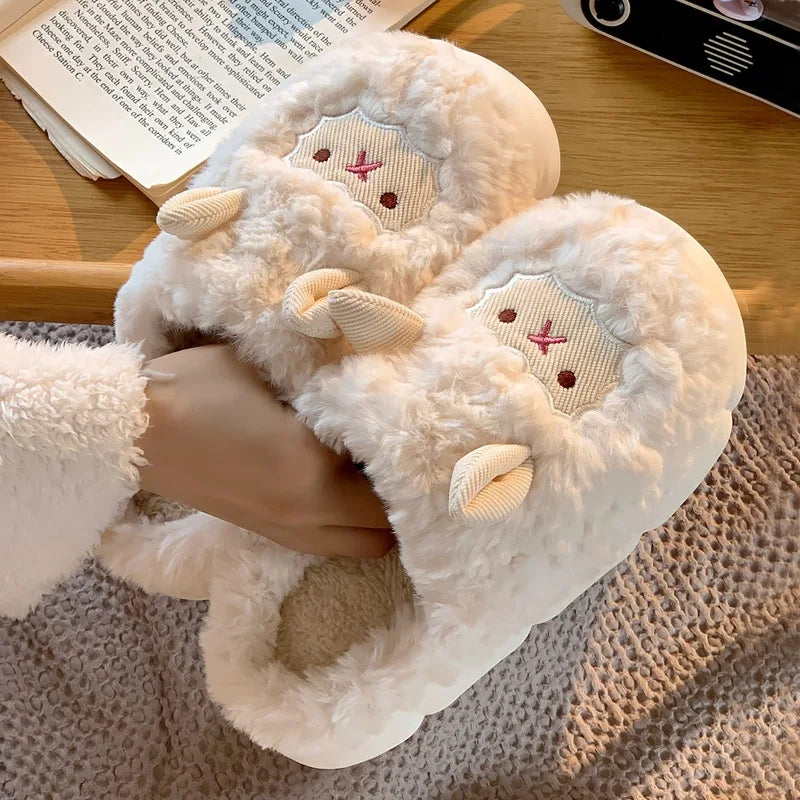 Women Lovely Sheep Fluffy Slippers Men Fashion Animals Non-Slip Plush Slides Lovers Soft Warm Cartoon House Shoes for Winter