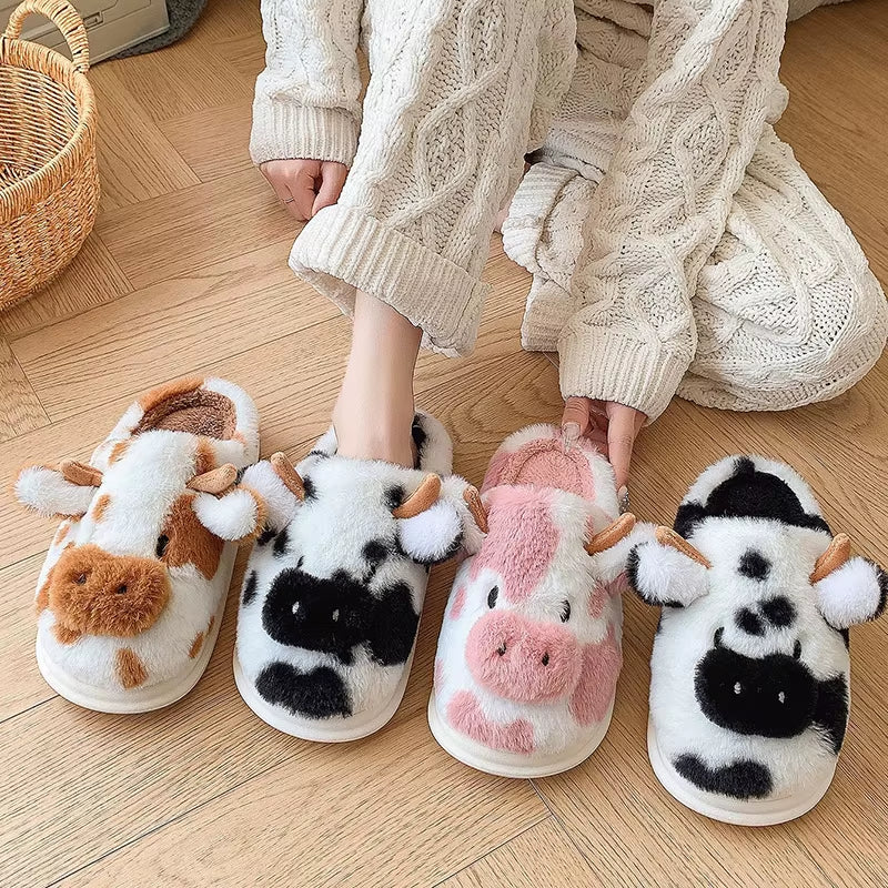 Women'S Winter Warm Cartoon Cow Slippers Closed Toe Non Slip Furry House Shoes Women Indoor Bedroom Thick Sole Plush Slippers