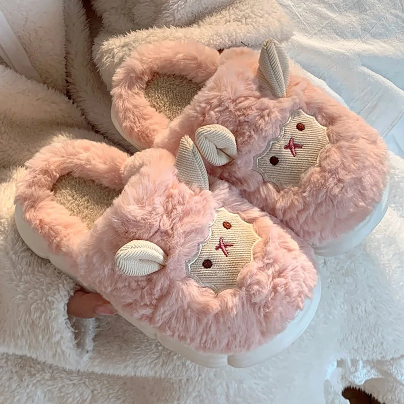 Women Lovely Sheep Fluffy Slippers Men Fashion Animals Non-Slip Plush Slides Lovers Soft Warm Cartoon House Shoes for Winter