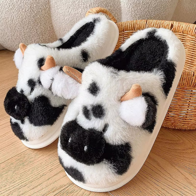 Women'S Winter Warm Cartoon Cow Slippers Closed Toe Non Slip Furry House Shoes Women Indoor Bedroom Thick Sole Plush Slippers