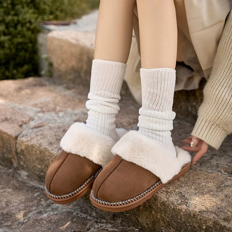 Smile Pop Winter Fur Cotton Slippers for Women Soft Comfort Fuzzy Bedroom Slides Faux Fur Warm Plush Shoes Fluffy House Slippers