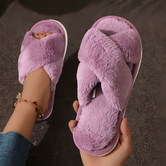 Autumn New Fashion Cross Strap Fur Slippers Women Indoor Light Warm Plush Home Slippers Woman Faux Fur Flat Heel Couple Slides