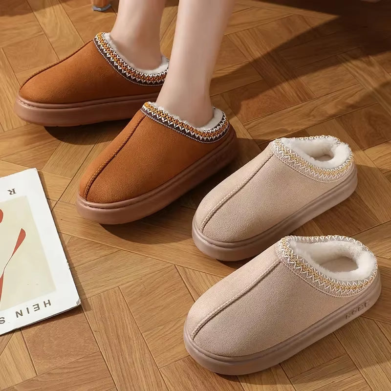 2025 Winter Home Cozy Fluffy Platform Slippers for Women Plush Warm Cotton Non Slip Indoor Unisex Shoes