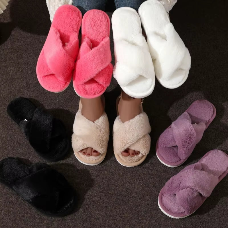 Autumn New Fashion Cross Strap Fur Slippers Women Indoor Light Warm Plush Home Slippers Woman Faux Fur Flat Heel Couple Slides