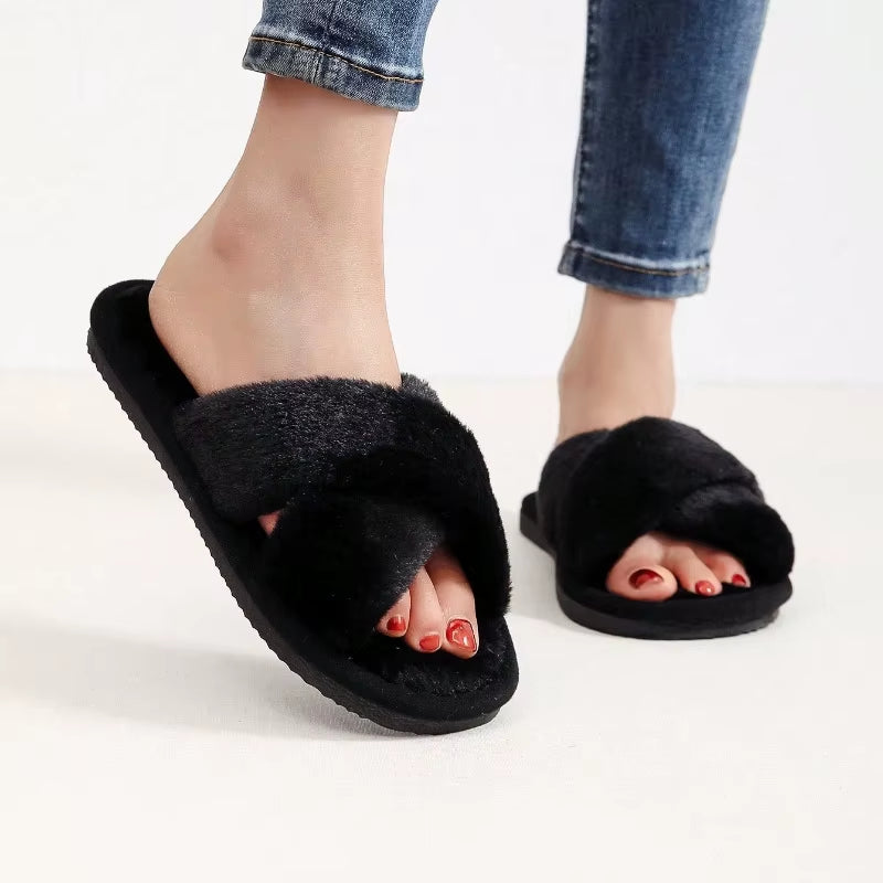 Autumn New Fashion Cross Strap Fur Slippers Women Indoor Light Warm Plush Home Slippers Woman Faux Fur Flat Heel Couple Slides