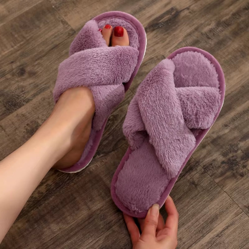 Autumn New Fashion Cross Strap Fur Slippers Women Indoor Light Warm Plush Home Slippers Woman Faux Fur Flat Heel Couple Slides